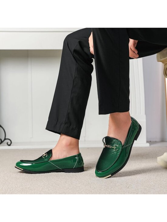 Men\'s Green Rubber Velvet Patent Leather Loafer Gold Buckle Slip On Luxury Shoes main image 6
